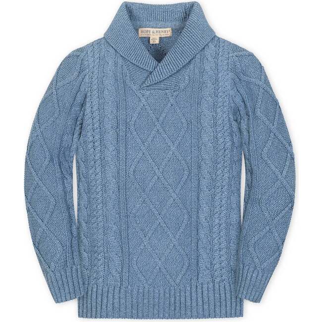 Organic Long Sleeve Shawl Collar Cable Sweater, Medium Blue Marl