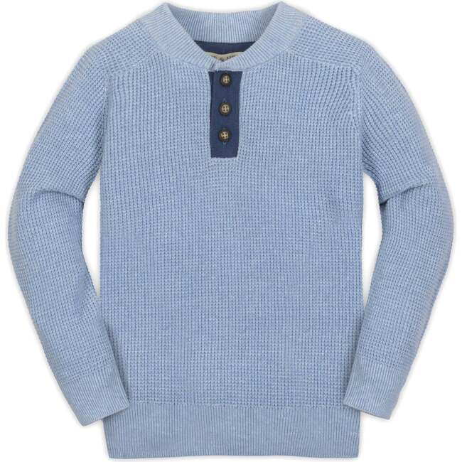 Organic Long Sleeve Henley Pullover Sweater with Elbow Patches, Blue Heather