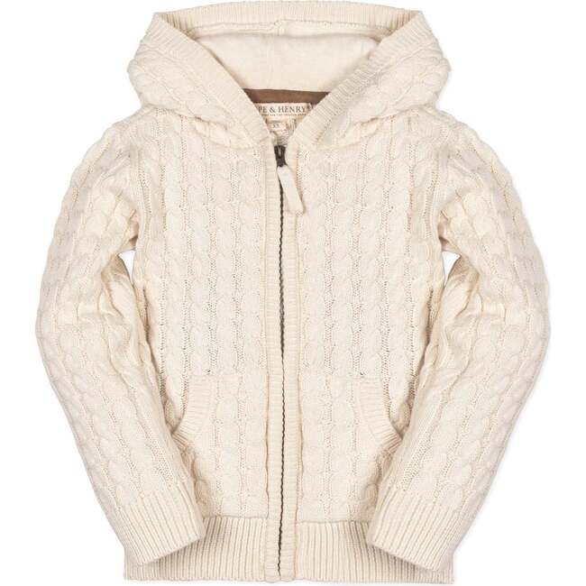 Organic Long Sleeve Full Zip Hooded Sweater with Elbow Patches, Ivory Cable
