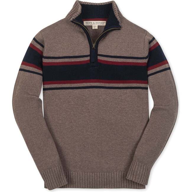 Organic Long Sleeve Half Zip Sweater with Engineered Stripe, Taupe Heather Chest Stripe