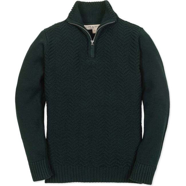 Organic Long Sleeve Half Zip Cable Pullover Sweater, Pine Green Chevron