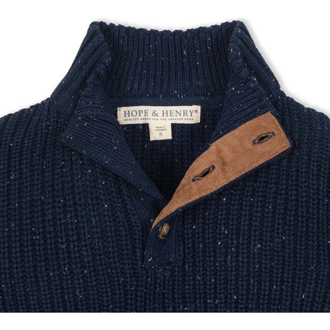 Organic Mock Neck Cardigan Stitch Sweater, Navy Fleck