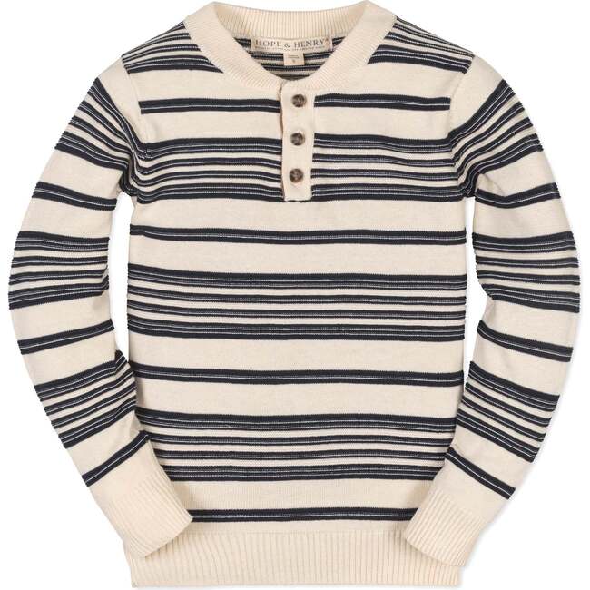 Organic Long Sleeve Henley Pullover Sweater with Elbow Patches, Ivory Purl Stripe