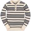 Organic Long Sleeve Henley Pullover Sweater with Elbow Patches, Ivory Purl Stripe - Sweaters - 1 - thumbnail