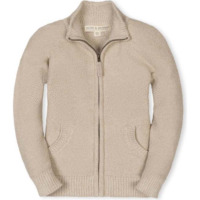 Organic Long Sleeve Full Zip Raglan Mock Neck Sweater, Natural Marl