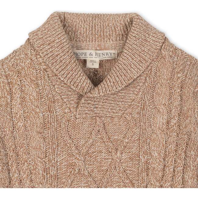 Organic Long Sleeve Shawl Collar Cable Sweater, Camel Heather