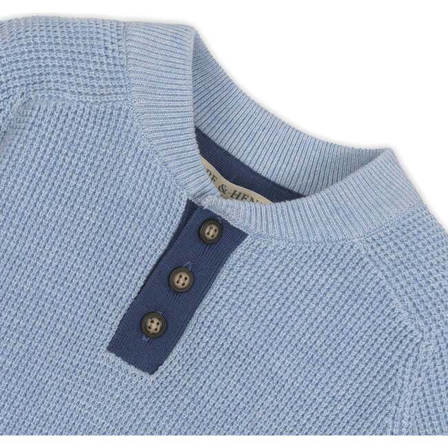 Organic Long Sleeve Henley Pullover Sweater with Elbow Patches, Blue Heather