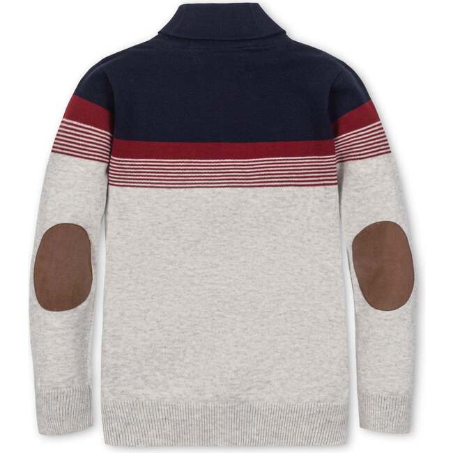 Organic Long Sleeve Striped Shawl Collar Sweater, Navy and Light Gray Chest Stripe - Sweaters - 3