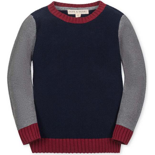 Organic Long Sleeve Crewneck Pullover Sweater, Navy and Dark Gray Heather