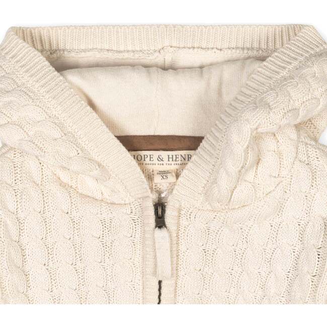 Organic Long Sleeve Full Zip Hooded Sweater with Elbow Patches, Ivory Cable