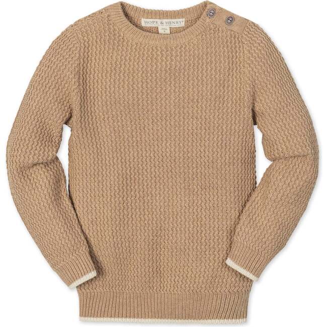 Organic Long Sleeve Crewneck Sweater with Buttons, Camel Heather Herringbone