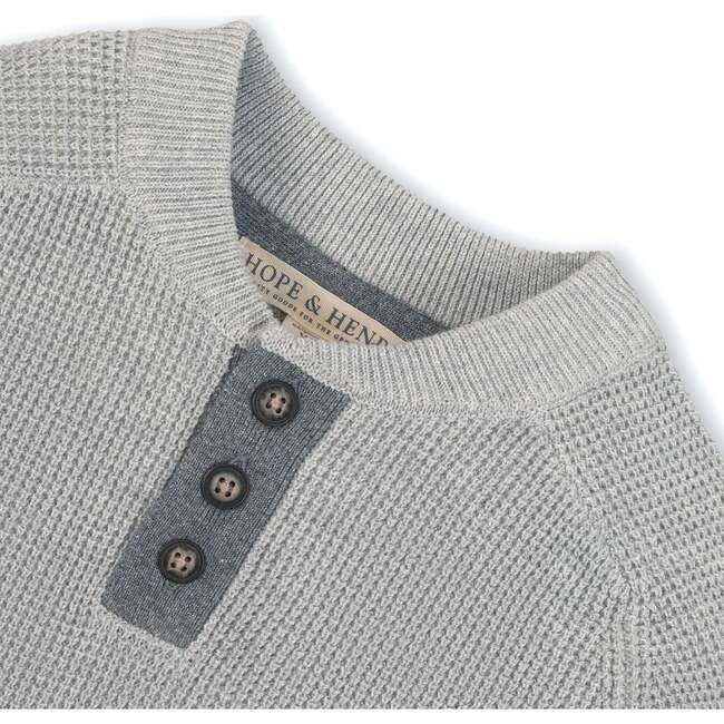 Organic Long Sleeve Henley Pullover Sweater with Elbow Patches, Gray Heather