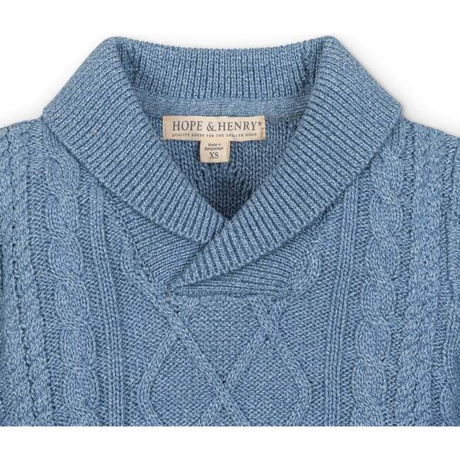 Organic Long Sleeve Shawl Collar Cable Sweater, Medium Blue Marl