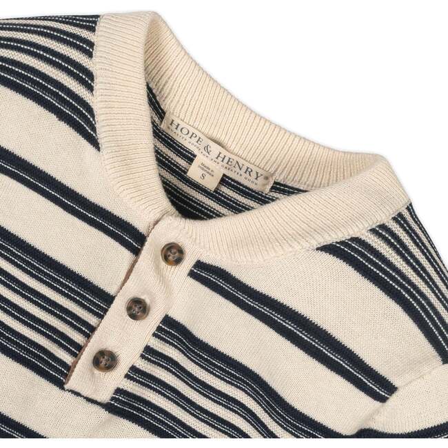 Organic Long Sleeve Henley Pullover Sweater with Elbow Patches, Ivory Purl Stripe