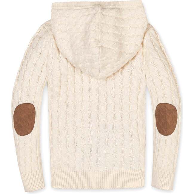 Organic Long Sleeve Full Zip Hooded Sweater with Elbow Patches, Ivory Cable - Sweaters - 3