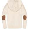 Organic Long Sleeve Full Zip Hooded Sweater with Elbow Patches, Ivory Cable - Sweaters - 3 - thumbnail