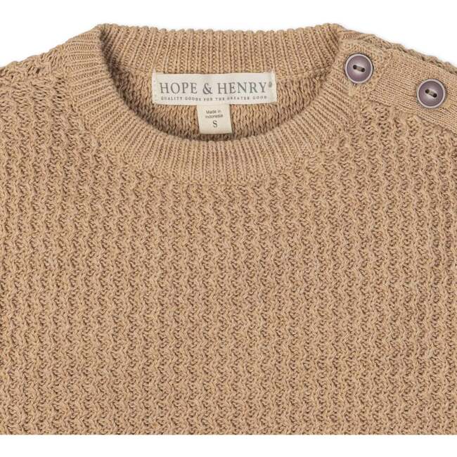 Organic Long Sleeve Crewneck Sweater with Buttons, Camel Heather Herringbone