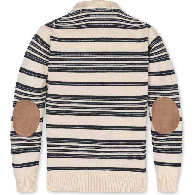 Organic Long Sleeve Henley Pullover Sweater with Elbow Patches, Ivory Purl Stripe - Sweaters - 3