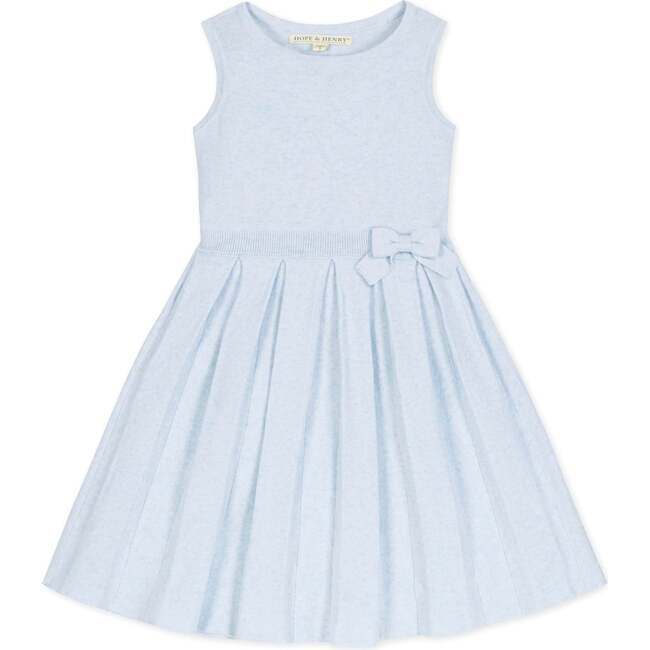 Organic Sleeveless Pleated Sweater Dress with Bow, Light Blue Heather