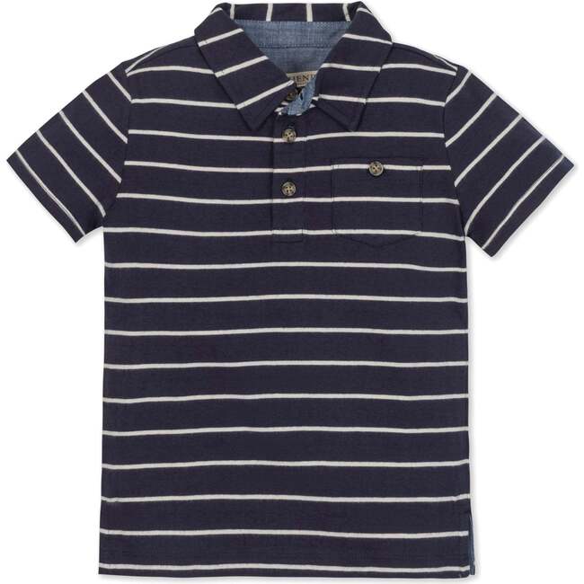 Organic Short Sleeve Jersey Polo, Navy Breton Stripe
