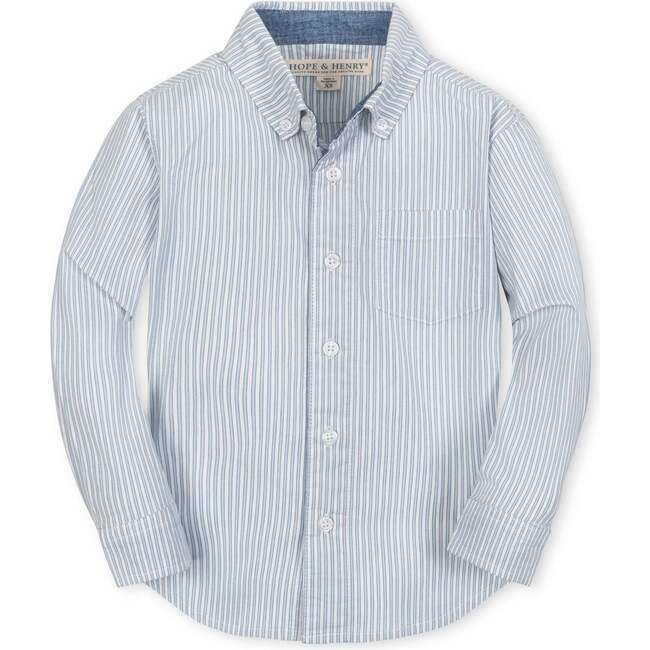Organic Stretch Poplin Long Sleeve Button Down Shirt, Blue Ticking Stripe