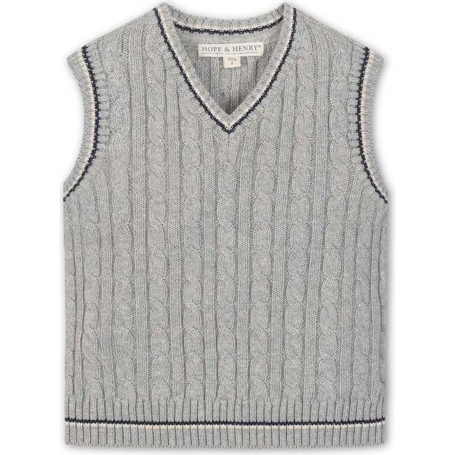 Organic V-Neck Cable Sweater Vest, Gray Heather Cable