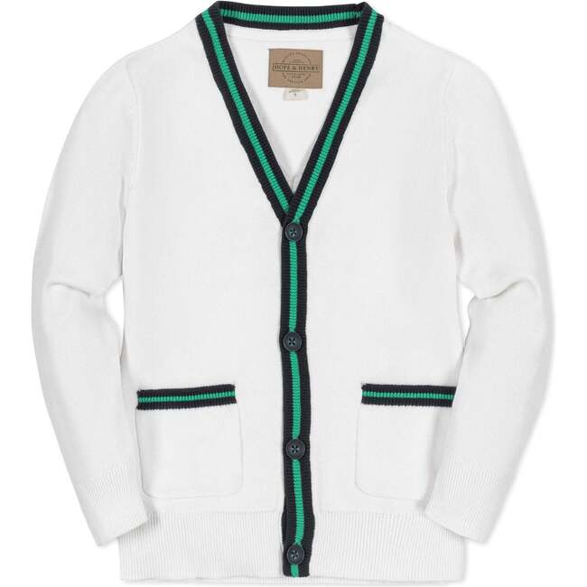 Organic Long Sleeve Tipped Cardigan Sweater, White with Navy and Green