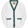 Organic Long Sleeve Tipped Cardigan Sweater, White with Navy and Green - Sweaters - 1 - thumbnail
