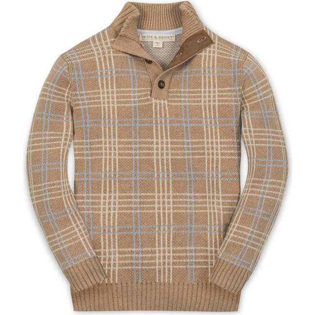 Organic Mock Neck Intarsia Sweater, Camel Heather Plaid Intarsia