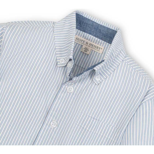 Organic Stretch Poplin Long Sleeve Button Down Shirt, Blue Ticking Stripe