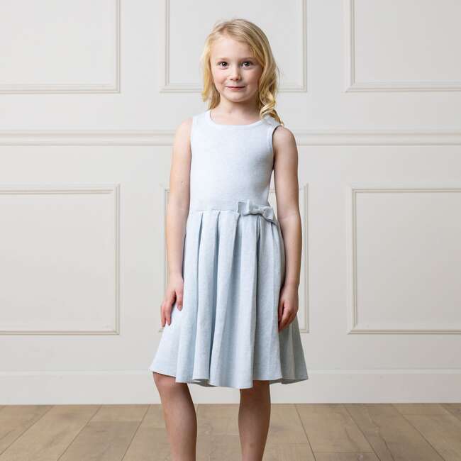 Organic Sleeveless Pleated Sweater Dress with Bow, Light Blue Heather - Dresses - 3