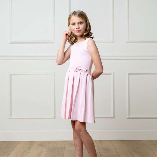 Organic Sleeveless Pleated Sweater Dress with Bow, Rose Marl - Dresses - 3