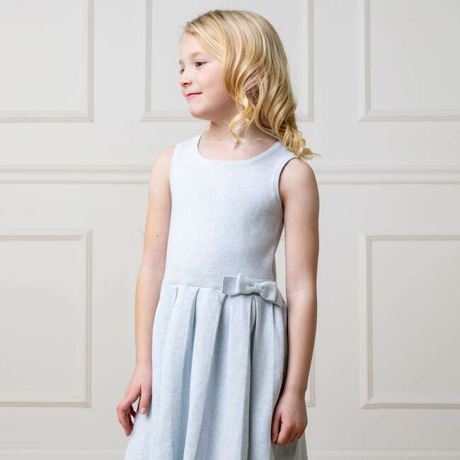 Organic Sleeveless Pleated Sweater Dress with Bow, Light Blue Heather - Dresses - 4