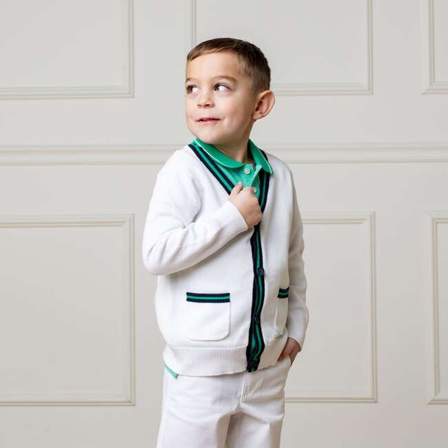 Organic Long Sleeve Tipped Cardigan Sweater, White with Navy and Green - Sweaters - 3