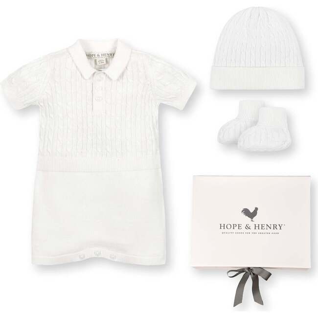 4 Piece Cable Shortie Romper, Beanie, & Bootie Boxed Gift Set, White Cable Shortie Romper Set