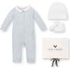 4 Piece Organic Peter Pan Collar Romper, Hat, & Bootie Boxed Gift Set, Airy Blue Romper Set - Mixed Apparel Set - 1 - thumbnail