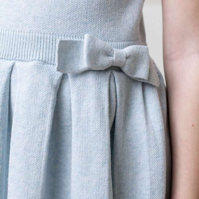Organic Sleeveless Pleated Sweater Dress with Bow, Light Blue Heather - Dresses - 5