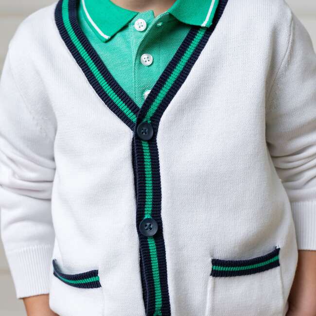 Organic Long Sleeve Tipped Cardigan Sweater, White with Navy and Green - Sweaters - 5