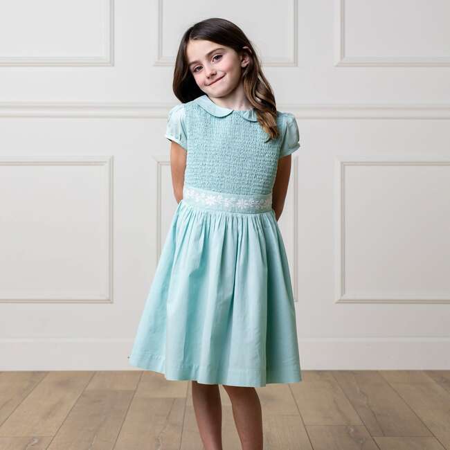 Organic Puff Sleeve Smocked Party Dress with Peter Pan Collar, Robin's Egg Blue - Dresses - 3