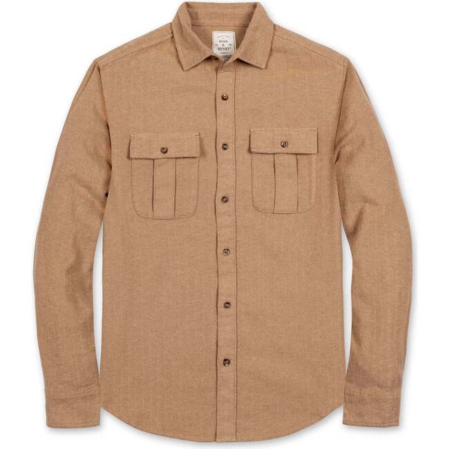 Men's Organic Flannel Double Pocket Button Down Shirt, Camel Herringbone
