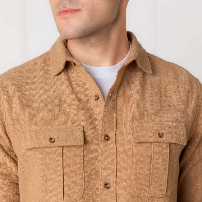 Men's Organic Flannel Double Pocket Button Down Shirt, Camel Herringbone