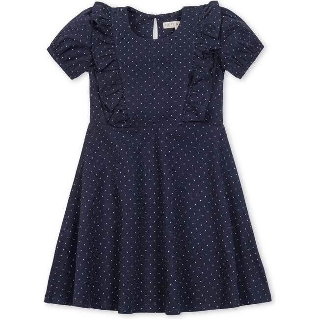Organic Short Sleeve Knit Ruffle Dress, Navy Pindot