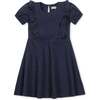 Organic Short Sleeve Knit Ruffle Dress, Navy Pindot - Dresses - 1 - thumbnail