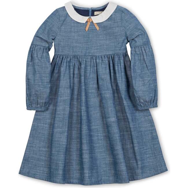 Organic Empire Waist Peter Pan Collar Chambray Dress, Blue Chambray