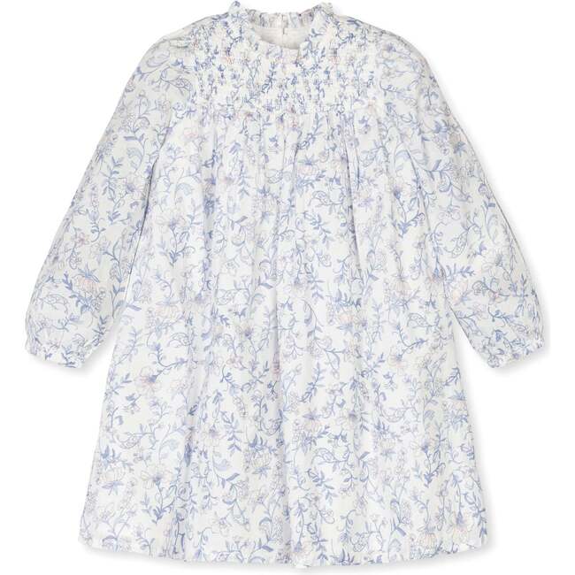 Organic Long Sleeve Ruffle Neck Smocked Yoke Dress , Winter Floral