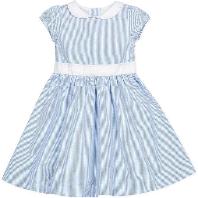 Organic Short Sleeve Seersucker Dress with Peter Pan Collar, Blue Seersucker