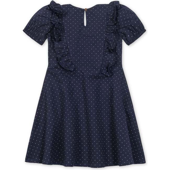 Organic Short Sleeve Knit Ruffle Dress, Navy Pindot