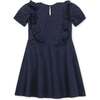 Organic Short Sleeve Knit Ruffle Dress, Navy Pindot - Dresses - 2