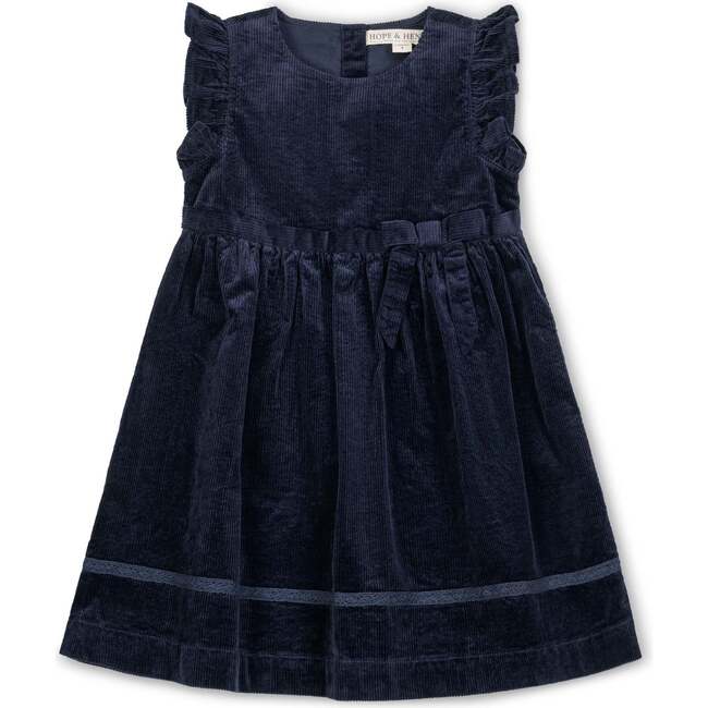 Organic Corduroy Flutter Sleeve Jumper Dress, Navy Fine Wale