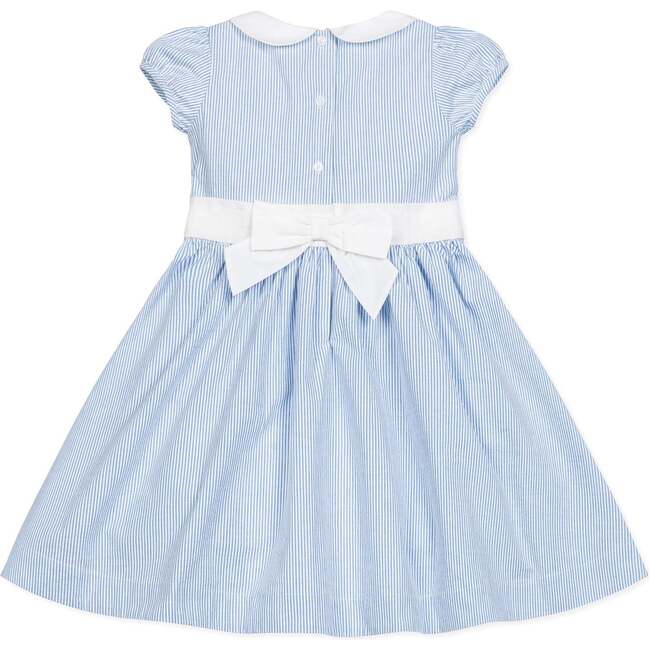 Organic Short Sleeve Seersucker Dress with Peter Pan Collar, Blue Seersucker